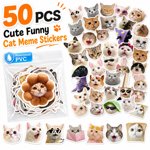 50 PCS Funny Cat Meme Stickers – Waterproof PVC Cute Cat Stickers for Laptops, Water Bottles, Phone Cases, Journals & More