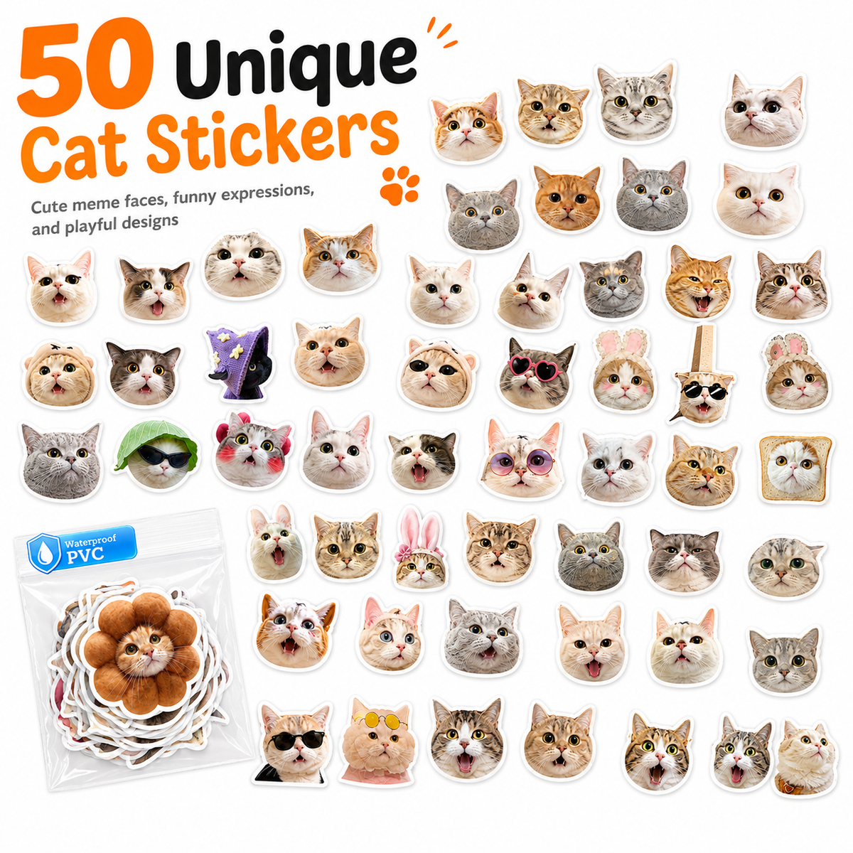 50 PCS Funny Cat Meme Stickers – Waterproof PVC Cute Cat Stickers for Laptops, Water Bottles, Phone Cases, Journals & More
