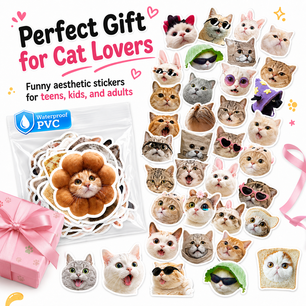 50 PCS Funny Cat Meme Stickers – Waterproof PVC Cute Cat Stickers for Laptops, Water Bottles, Phone Cases, Journals & More