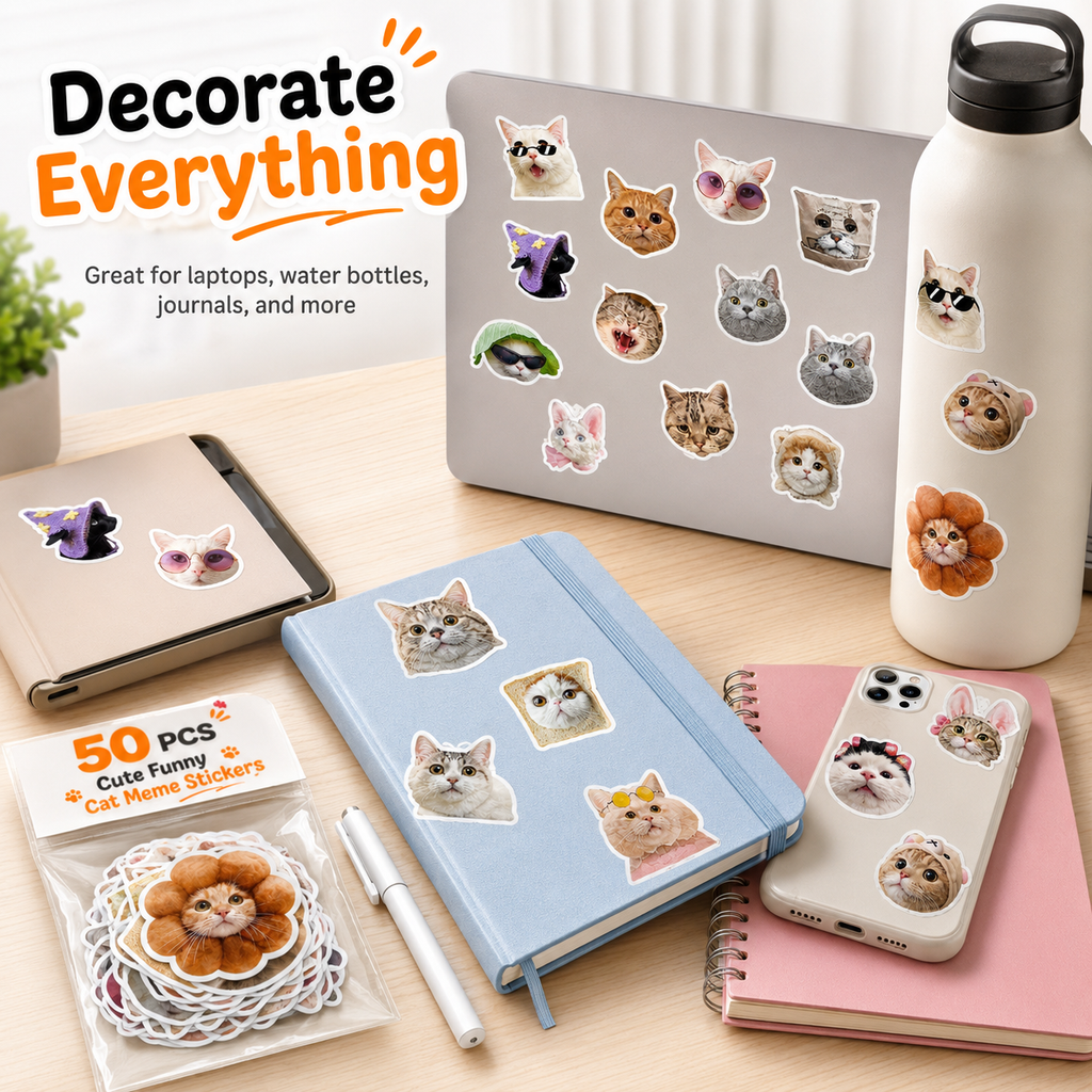 50 PCS Funny Cat Meme Stickers – Waterproof PVC Cute Cat Stickers for Laptops, Water Bottles, Phone Cases, Journals & More