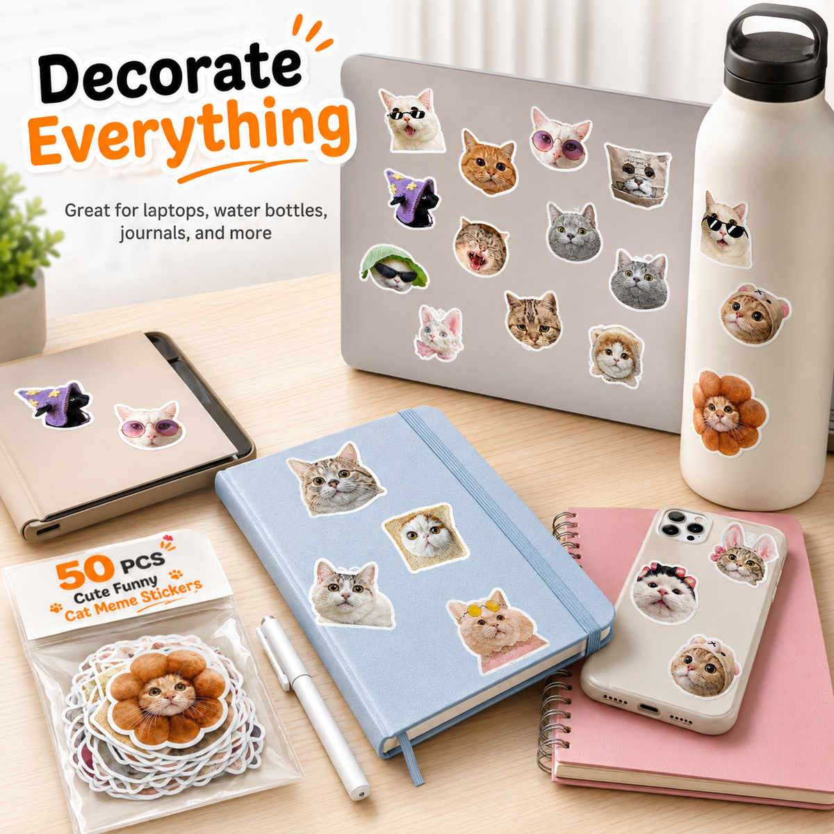 50 PCS Funny Cat Meme Stickers – Waterproof PVC Cute Cat Stickers for Laptops, Water Bottles, Phone Cases, Journals & More
