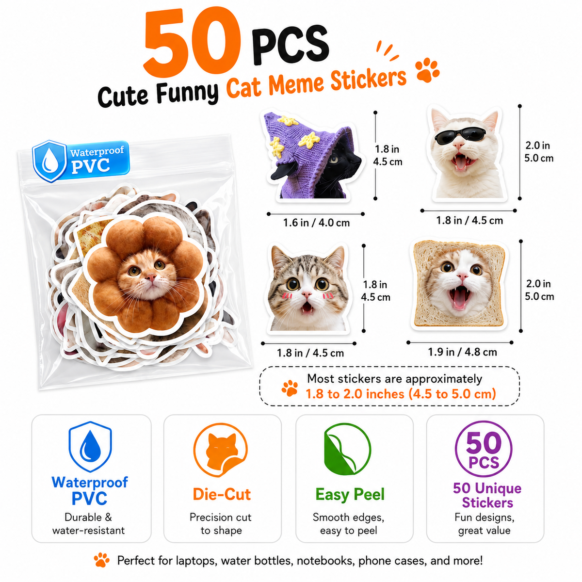 50 PCS Funny Cat Meme Stickers – Waterproof PVC Cute Cat Stickers for Laptops, Water Bottles, Phone Cases, Journals & More